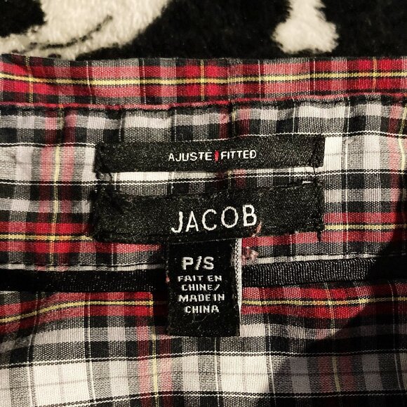 JACOB Black red white plaid button-down shirt ~ Vintage Y2K SMALL MEDIUM blouse - Picture 2 of 16